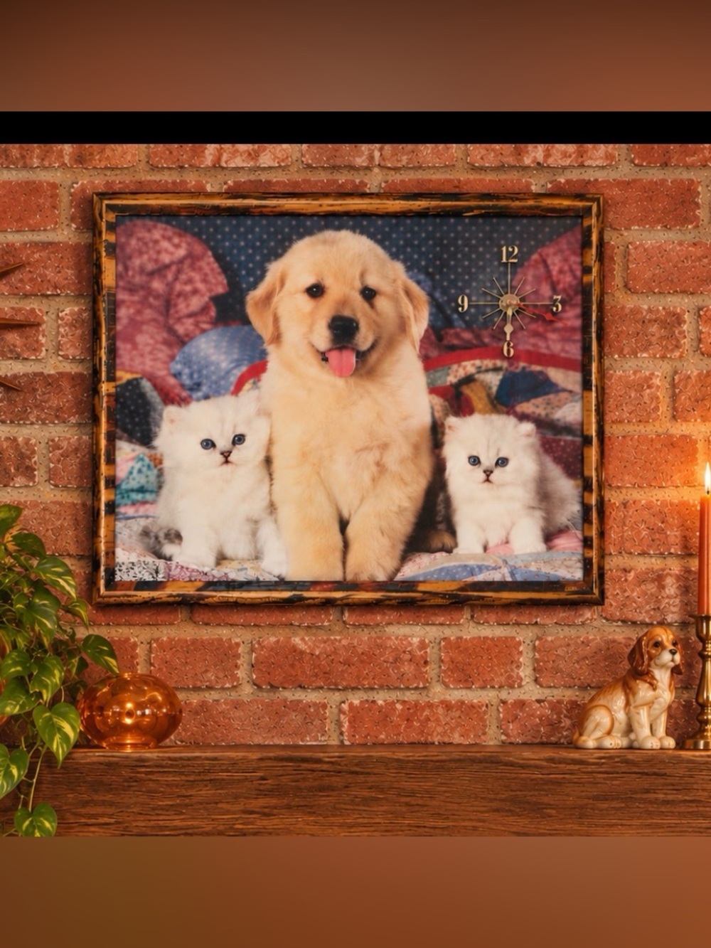 Vintage 90s Glossy Puppy & Kittens Wooden Wall Clock